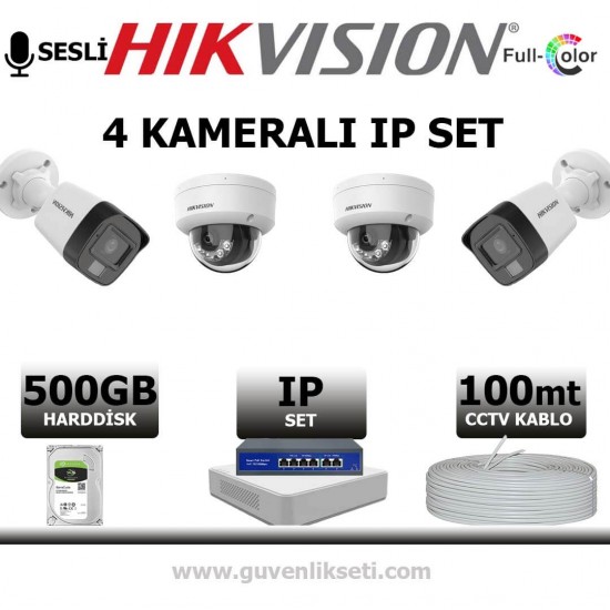 Hikvision 2MP 4 kamerali IP kamera seti gece renkli sesli PoE sistem bullet dome
